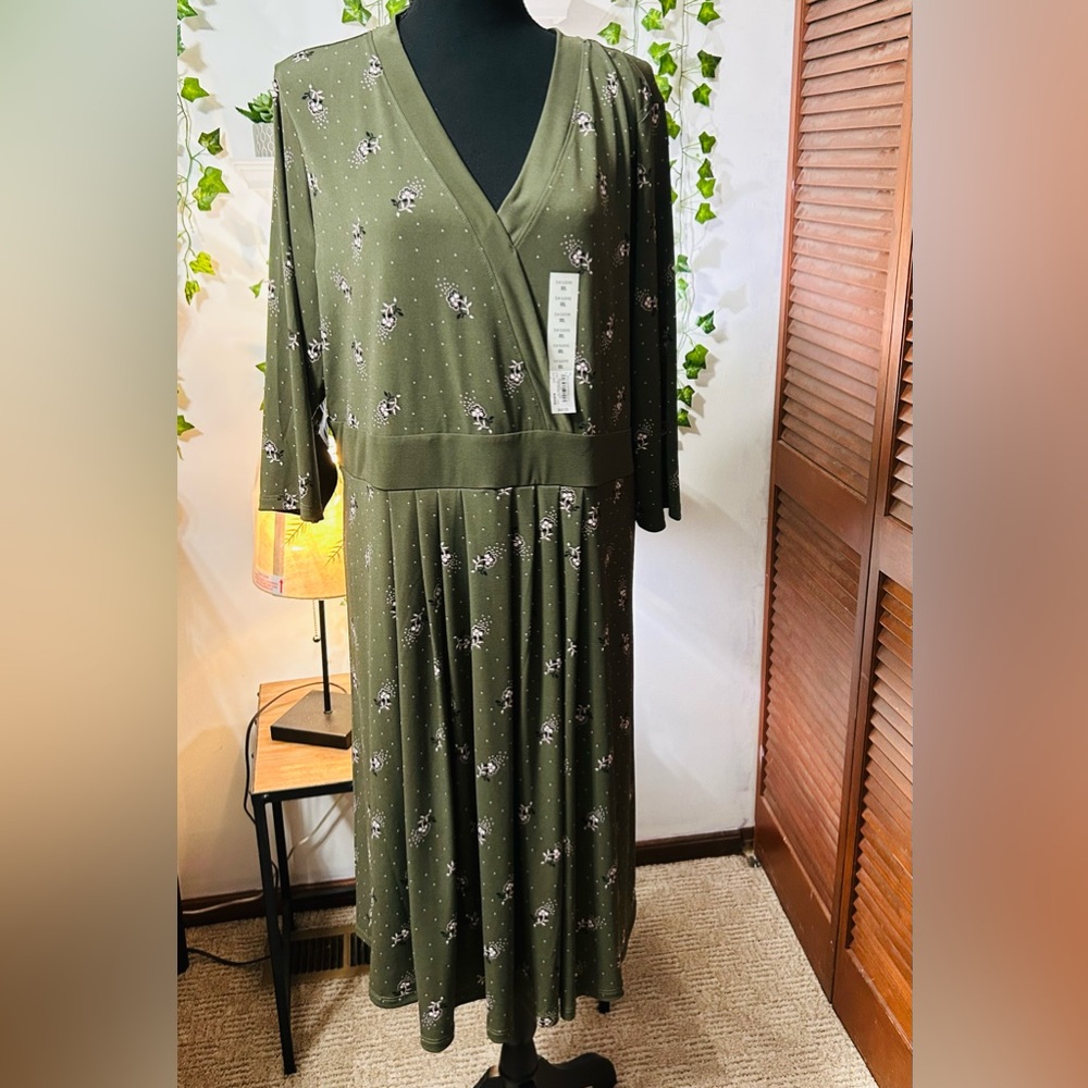 Croft and Barrow, Women’s, Olive Floral, 3/4 Sleeve, Midi Dress, XXL, Pullover